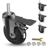 MALLLALA 3 Stem Caster Wheels with Safety Dual Locking,Heavy Duty Threaded stem 3/8-16x1 casters, No Noise Swivel Rubber Castors