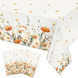 Ganeen 3 Pcs Fall Floral Tablecloth Disposable Plastic Table Covers Watercolor Wildflower Table Cover Waterproof Tablecloths for