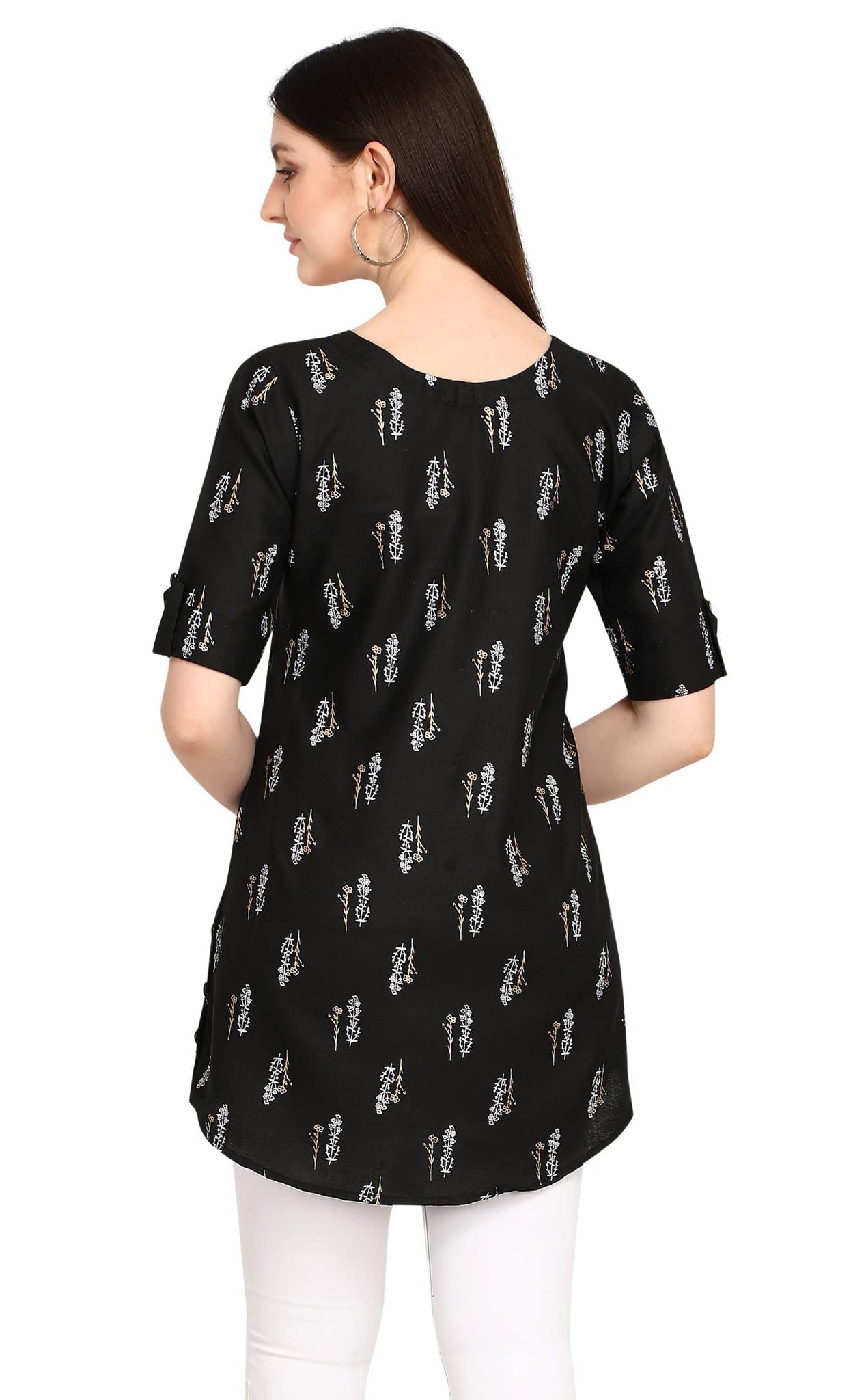 Leriya Fashion Rayon Fabric Printed Round Neck Short Kurtis For Women Top Dresses Kurti For Girls & Ladies Kurtis (Large, Black)