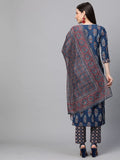 Anni Designer Women'S Cotton Blend Straight Printed Kurta With Pant & Dupatta Set (Jasmine Blue-Nv_Xxl_Blue_Xx-Large),Blue,2XL,Cotton Blend,Regular,Dupatta
