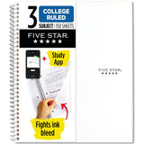 Five Star Spiral Notebook + Study App, 3 Subject, College Ruled Paper, Fights Ink Bleed, Water Resistant Cover, 81/2 x 11, 15