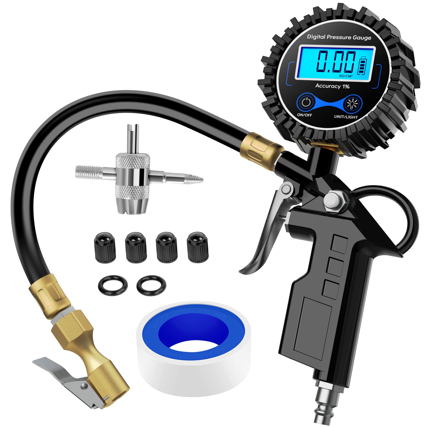 Nilight 50026R Digital Tire Inflator Pressure Gauge,250 Psi Air Chuck And Compressor Accessories Heavy Duty With Rubber Hose And