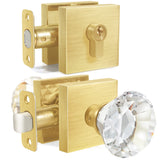 HIEMEY Satin Brass Diamond Glass Crystal Door Knob and Single Cylinder Deadbolt Set