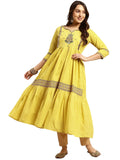rangita Lime Green Cotton Calf Length Embroidered Anarkali Kurti for Women | Kurta for Women_L
