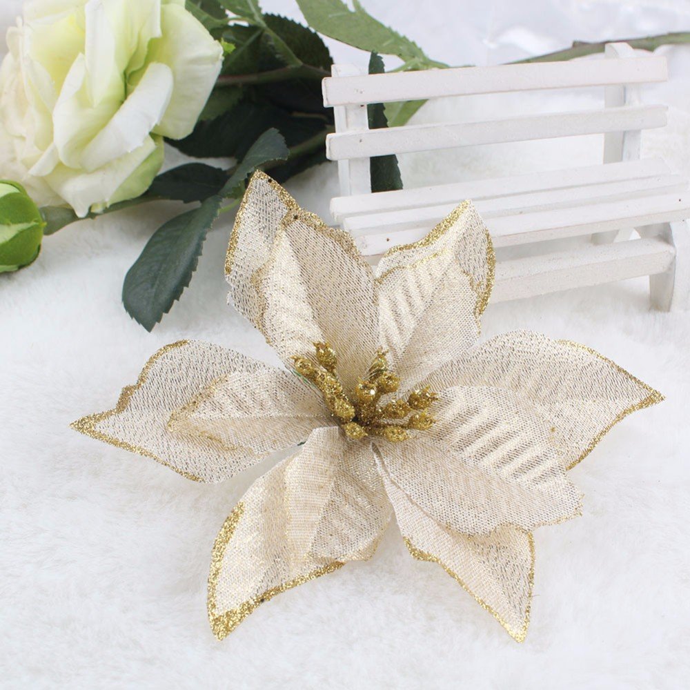 Amajoy 12pcs Glitter Poinsettia Christmas Tree Ornament Artificial Wedding Christmas Flowers Xmas Tree Wreaths Decor Ornament, 5
