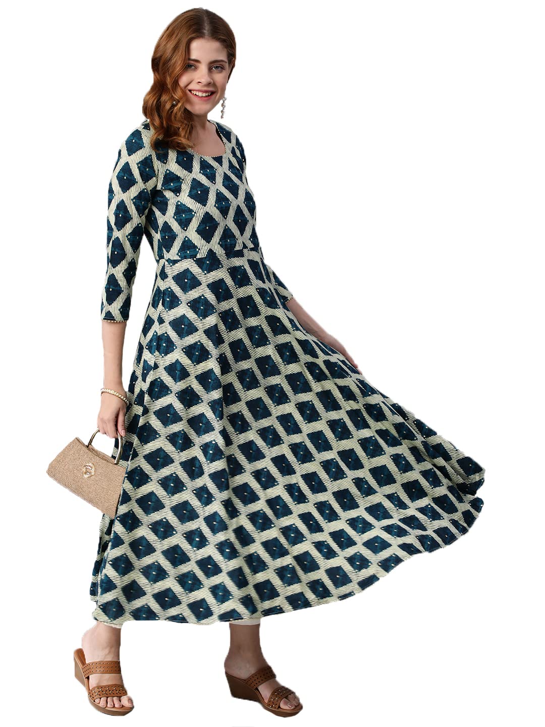 Anni Designer Women'S Cotton Blend Chex Printed Anarkali Kurti (Chix Blue_L_Blue_Large),Blue,L