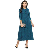 Idalia Pure Cotton 3/4 Sleeve,Round Neck Striped Flared Blue Kurta For Women Teal S