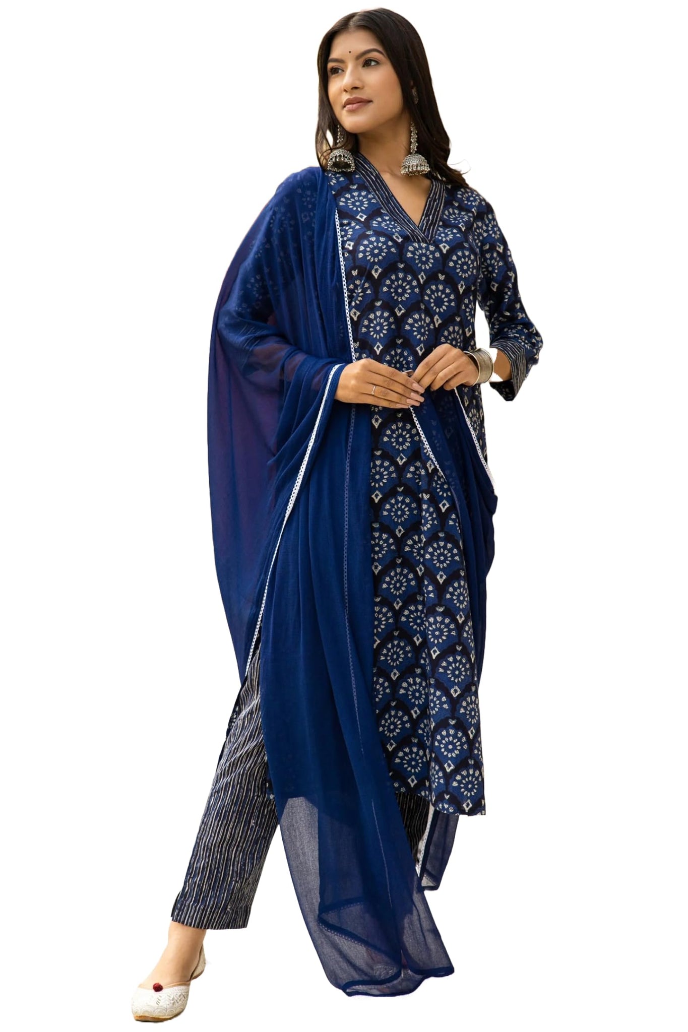 Gosriki Women'S Cotton Blend Straight Printed Kurta With Pant & Dupatta (Obito Navy Blue-Gs_S_Navy Blue_Small),Navy Blue,,B0CRZ65YX7