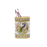 Anjali Arts Decorative Round Marble Pen Stand for Office Table | Handicraft Home Decor Designer Peacock Printed Pen Holder with