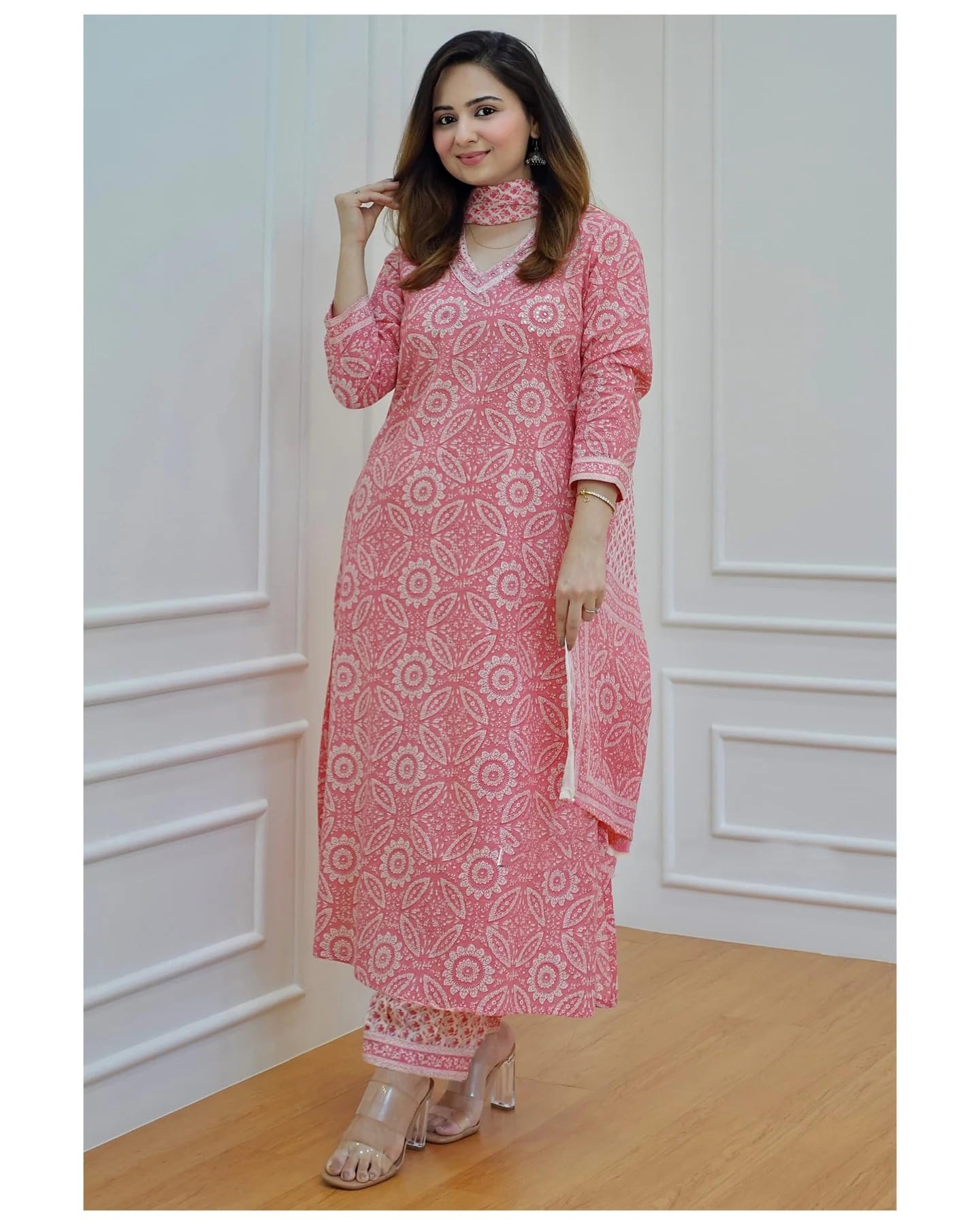 Anni Designer Women'S Cotton Blend Block Printed Straight Kurta With Pant & Dupatta (Nihira Pink_S_Pink_Small),Pink,S,Cotton Blend,Regular,