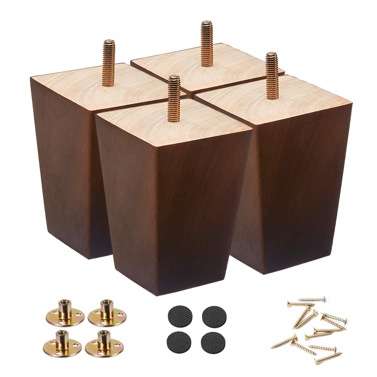 Shanjue Wood Furniture Legs 4 Inch Sofa Legs Set Of 4,Square Brown Couch Feet,Mid Century Chair Legs,Replacement Couch Legs, For