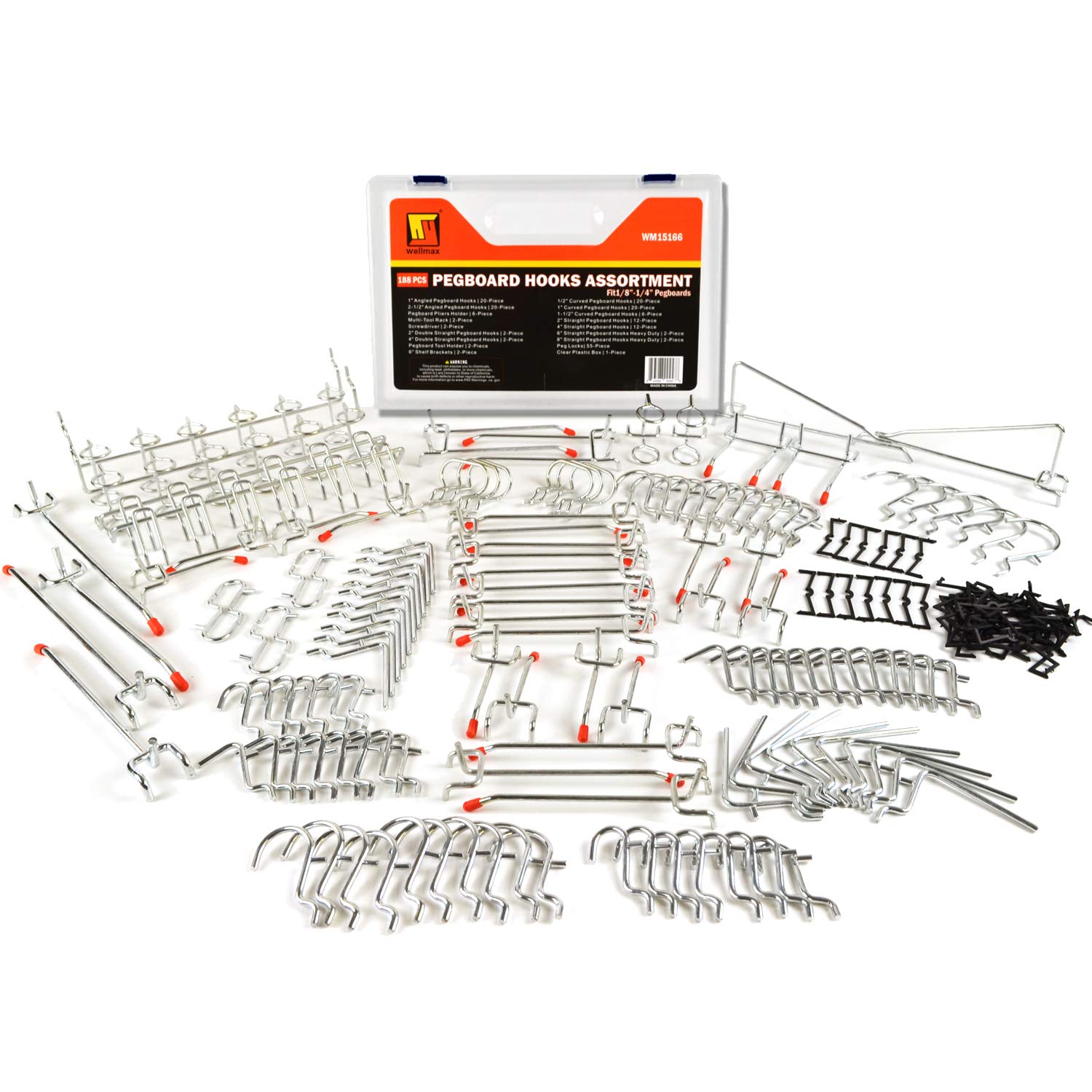 Wellmax 188Pc Heavy Duty Pegboard Hooks And Accessories Set For Tools, Crafts, And More - Fits 1/4 And 1/8 Inch Peg Holes