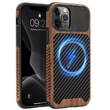 ZZDZZ Magnetic Case Compatible with iPhone 11 Pro Case [Compatible with MagSafe] Wood and Leather Carbon Fiber Design Hybrid Sho