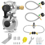 RV Propane Regulator 2 Tank Hoses, 2-Stage Auto Changeover LP Propane Gas Regulator with Two 18 inch Stainless Steel Braid Pigta