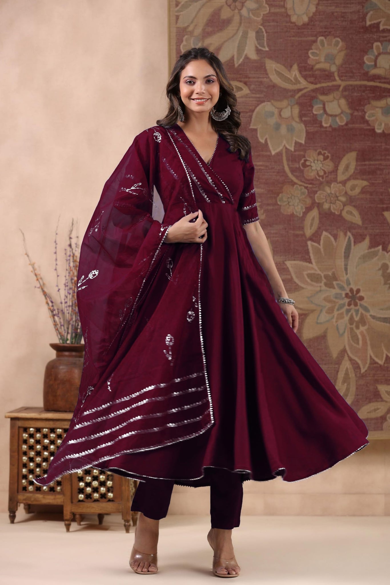 Anni Designer Women'S Rayon Blend Anarkali Solid Kurta With Pant & Dupatta (Nirmooha Wine_Xl_Wine_X-Large),Wine,XL,Rayon Blend,Anarkali,