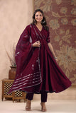 Anni Designer Women'S Rayon Blend Anarkali Solid Kurta With Pant & Dupatta (Nirmooha Wine_S_Wine_Small),Wine,S,Rayon Blend,Anarkali,