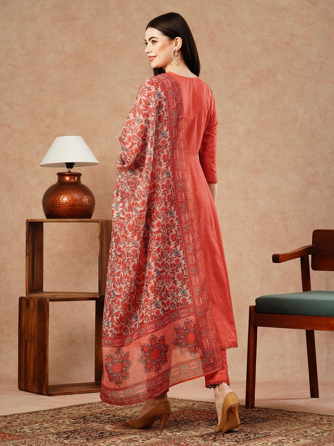Gosriki Women'S Cotton Blend Anarkali Solid Kurta With Pant & Dupatta (Utsav Peach-Fka-Gs_Xl_Peach_X-Large),Peach,,B0CTXGQ2F7