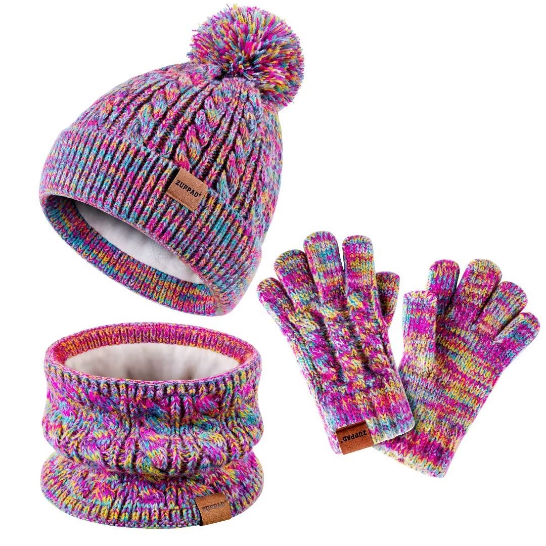 Kids Winter Hat Gloves Scarf Set,Girls Hats Beanie with Pom Knit Neck Warmer Gaiter Mittens Fleece Lined,Girls Accessories Cold 
