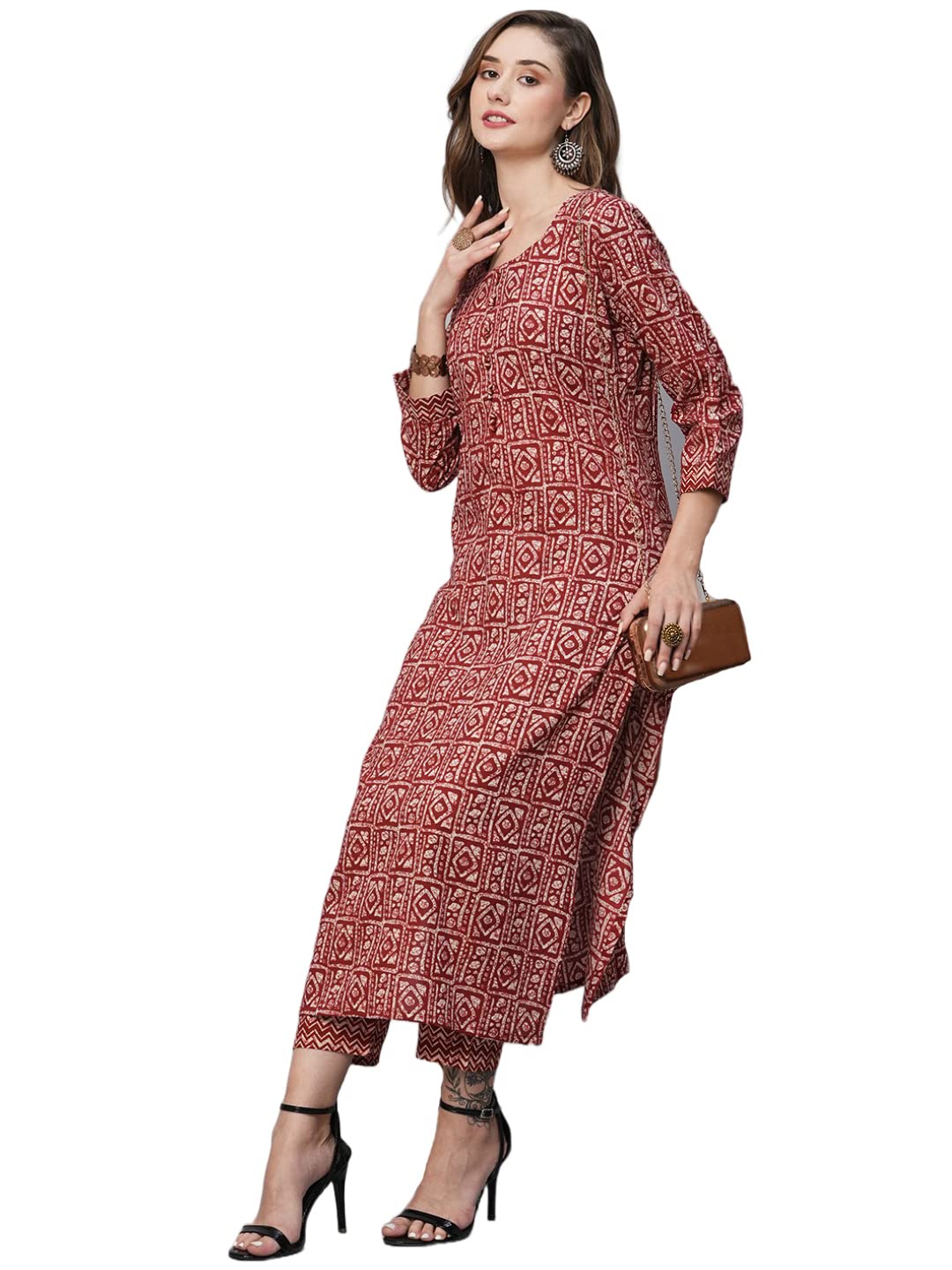 Anni Designer Women'S Cotton Blend Straight Printed Kurta With Pant (Yami Red_S_Red_Small),Red,S