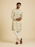 Manyavar Men'S Linen Blend Digital Floral Print Long Kurta (Green,3Xl)
