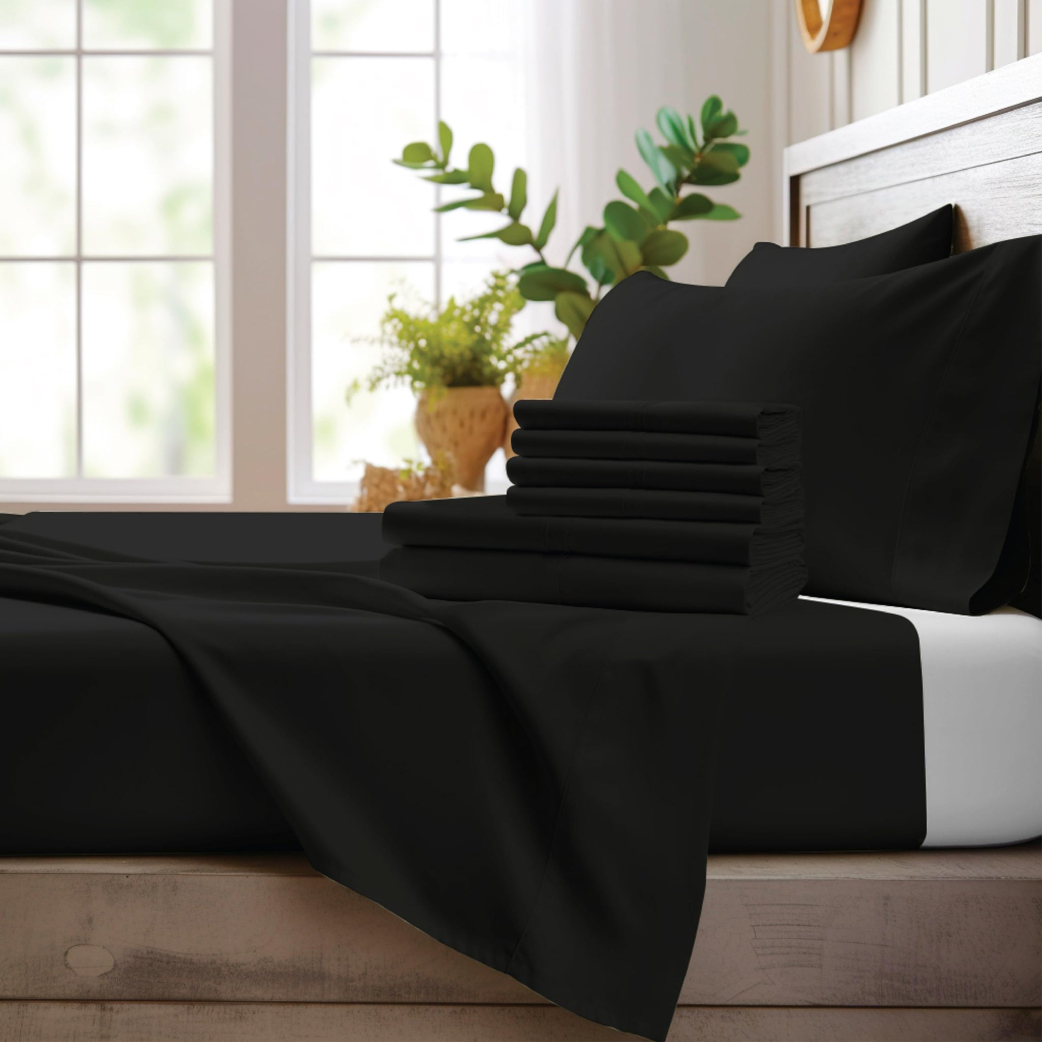 100% Viscose from Bamboo 7 Piece Split King Sheet Sets Fits Up to 16 Deep Pocket - Black