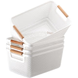 Tioncy 4 Pcs White Mesh Baskets with Wooden Handles Plastic Storage Organizer Baskets Pantry Basket Fruit Vegetables Gathering B