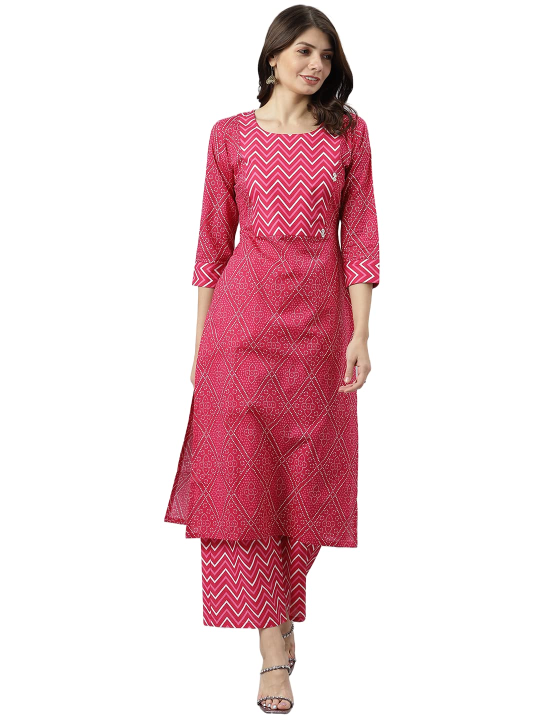 Gosriki Women'S Cotton Blend Printed Straight Kurta With Palazzo (Pimpli Pink_S-Go_Pink_Small),Pink,,B0B51WH1N2