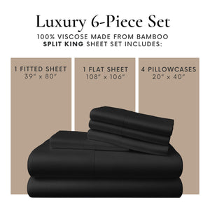 100% Viscose from Bamboo 7 Piece Split King Sheet Sets Fits Up to 16 Deep Pocket - Black