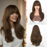 BARSDAR Honey Brown Layered Wig with Bangs - 20 Inch Brown Layered Wig with Bangs for Women - Natural Looking Soft Wavy Syntheti