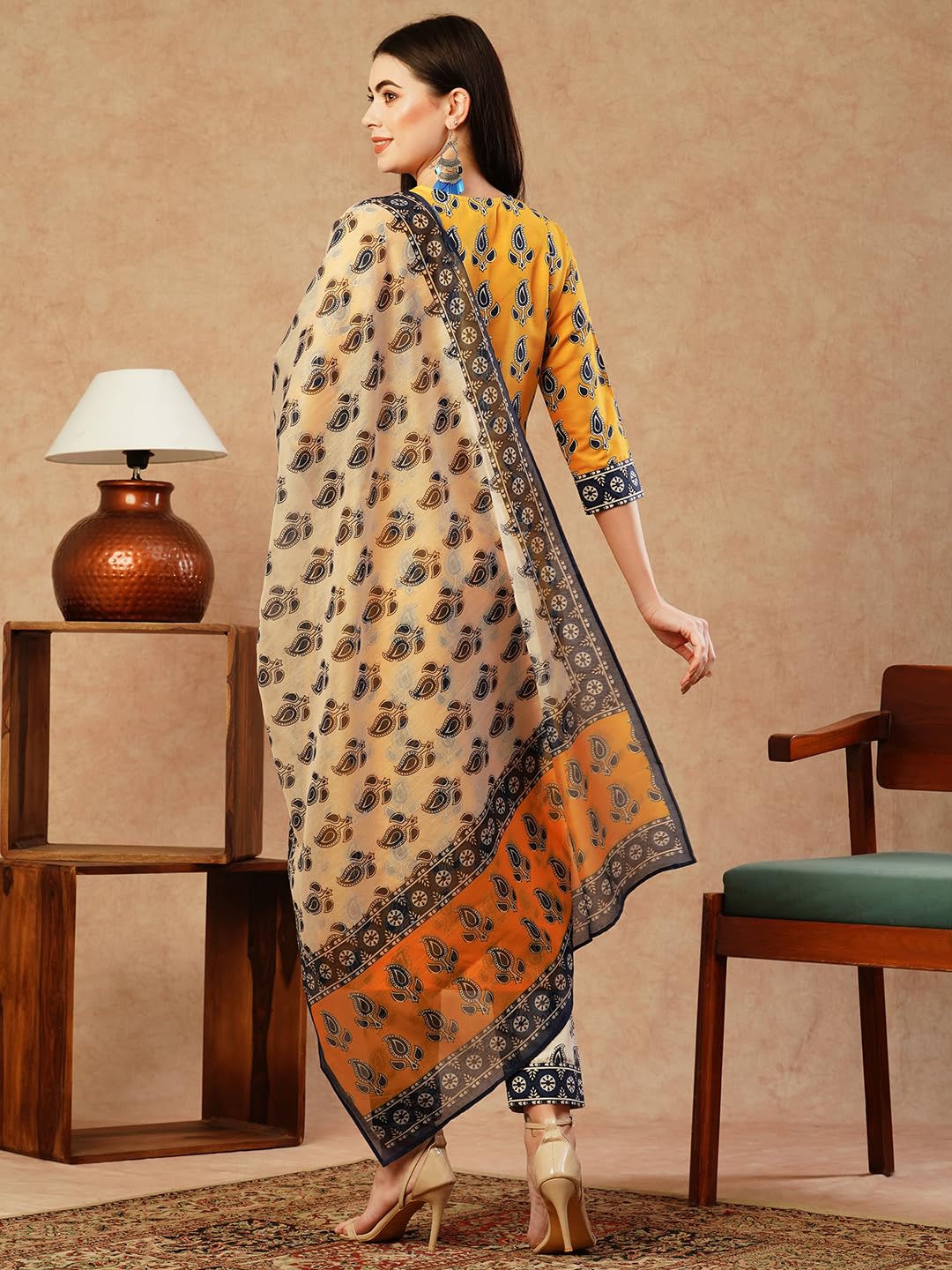 Gosriki Women'S Cotton Blend Straight Printed Kurta With Pant & Dupatta (Uchiha Mustard-Fka-Gs_3Xl_Mustard_Xxx-Large),Mustard,3,B0CTXH7M9C
