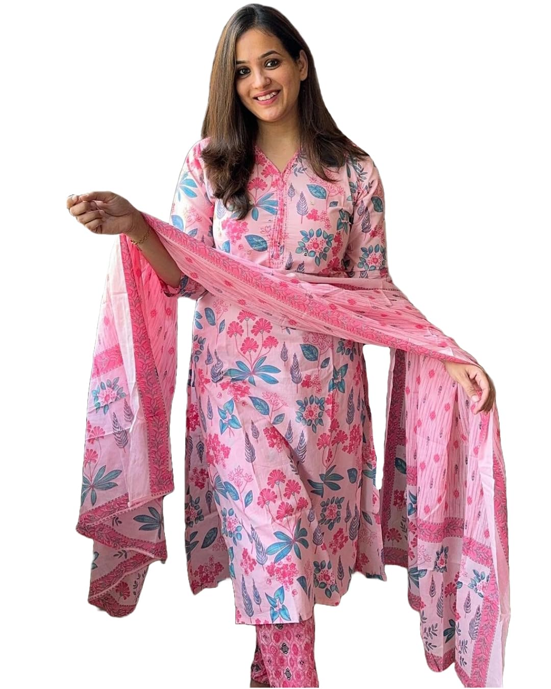 Gosriki Women'S Rayon Blend Straight Printed Kurta With Pant & Dupatta (Kumud Pink-Vks01-Gs_Xl_Pink_X-Large),Pink,,B0DD78B616