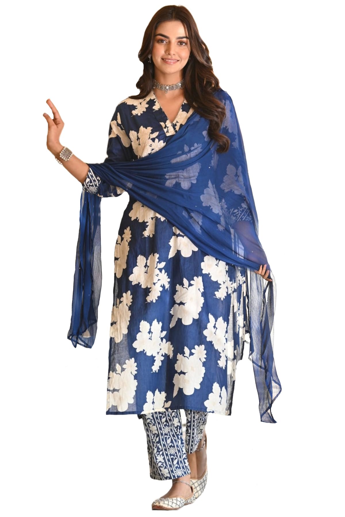 Anni Designer Women'S Cotton Blend Printed Straight Kurta With Pant & Dupatta (Makaba Blue_S_Blue_Small),Blue,S