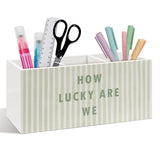 laveliabel How Lucky Are We Pen Pencil Holder for Desk, Inspirational Gifts, Girly Preppy Desks Decor, Sage Green Striped Wooden