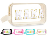 Kacctyen Clear Mama Makeup Bag with Chenille Letter Patches Diaper and Wipes Bag Pouch Cosmetics Toiletry Organizer Pouch Waterp