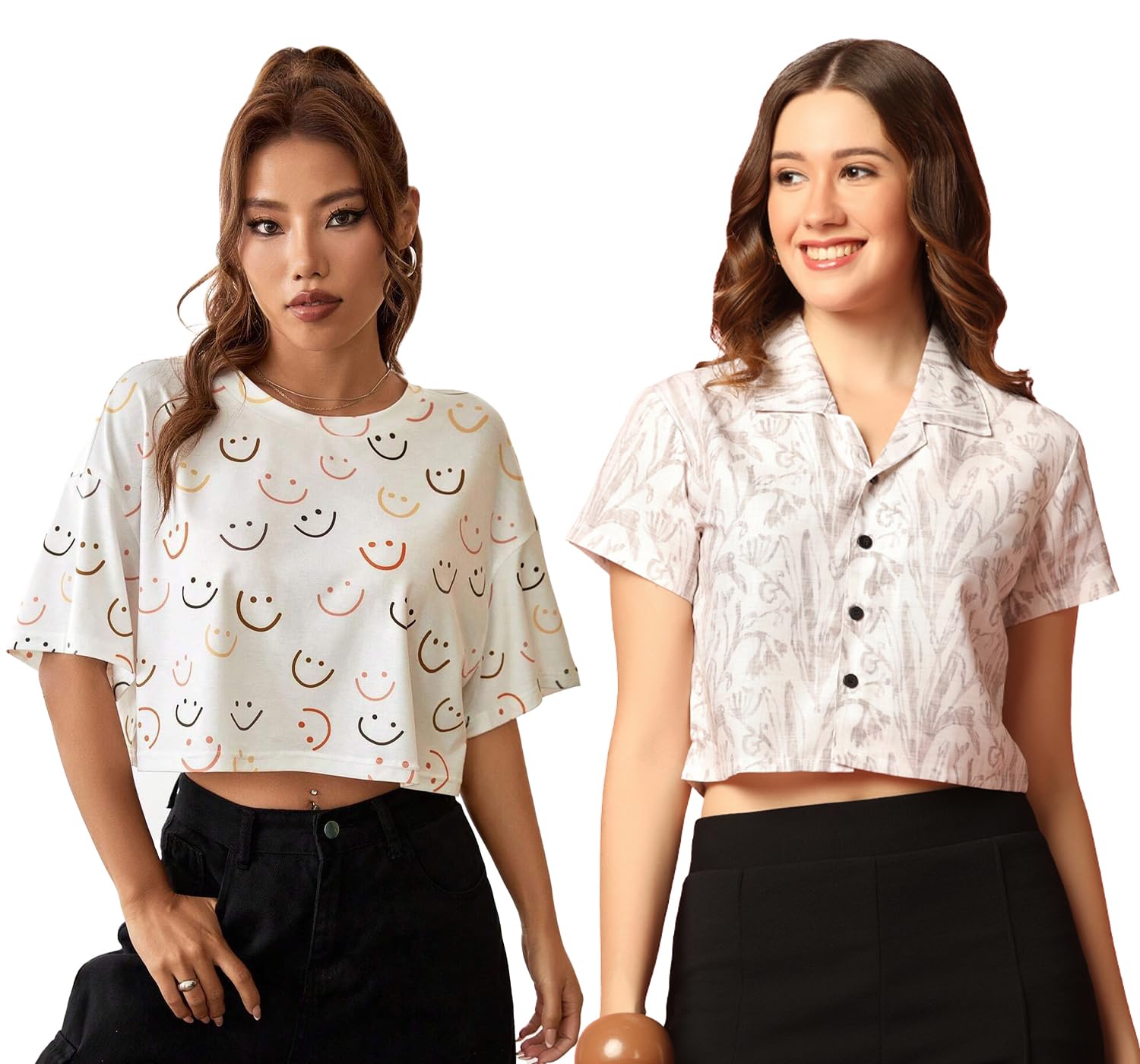 Toplot Women'S Casual Printed Crop Top With Short Sleeve Pack Of 2 (Combo-5135-Wht-Sml-S),White-Smile,,B0CCXXRMT2