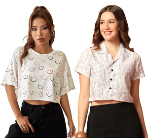 Toplot Women'S Casual Printed Crop Top With Short Sleeve Pack Of 2 (Combo-5135-Wht-Sml-S),White-Smile,,B0CCXXRMT2