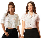 Toplot Women'S Casual Printed Crop Top With Short Sleeve Pack Of 2 (Combo-5135-Wht-Sml-S),White-Smile,,B0CCXXRMT2