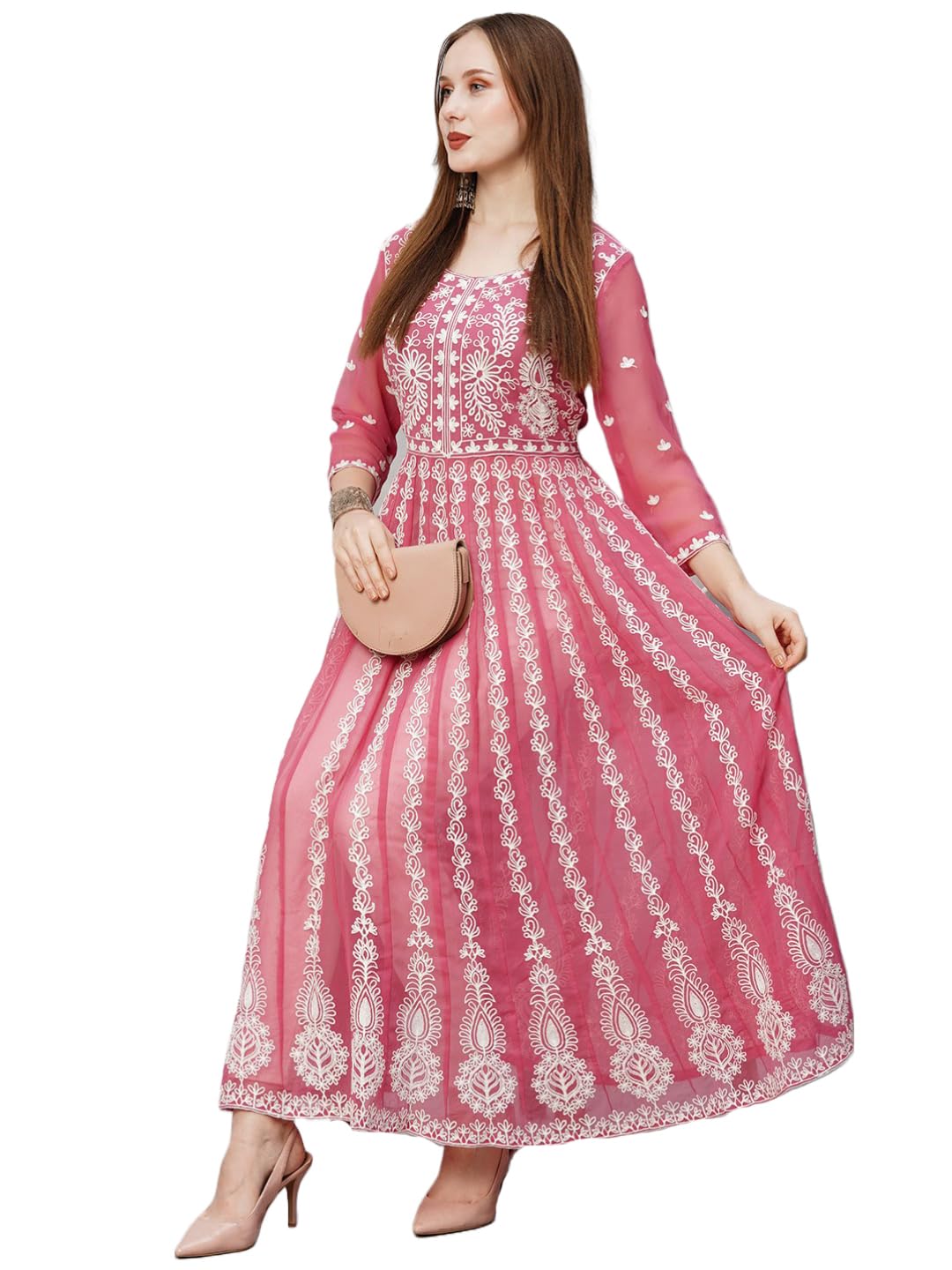Gosriki Women'S Georgette Chikankari Embroidered Anarkali Kurti (Kari Wine-Grt-Gs_Xxl_Wine_Xx-Large),Wine,2,B0CBPQ4NPH