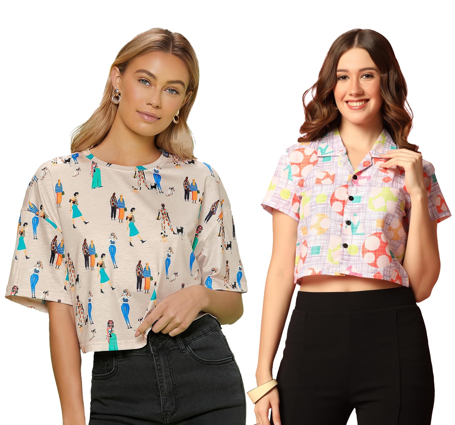 Toplot Women'S Casual Printed Crop Top With Short Sleeve Pack Of 2 (Combo-5135-Mlt-Cku-Xs),Multi-Chiku,,B0CCXX3744