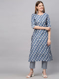 Anni Designer Women'S Cotton Blend Printed Straight Kurta With Pant (Funnu New01 Blue_L_Blue_Large),Blue,L,Cotton Blend,Straight,Pants