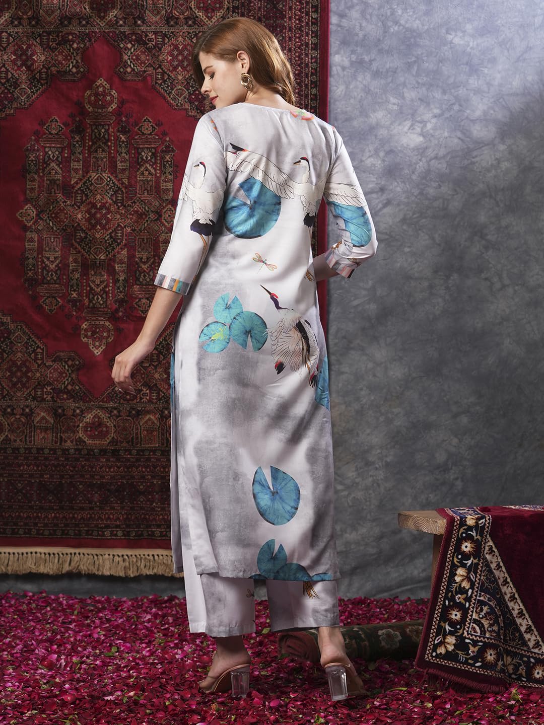 Gosriki Women'S Cotton Blend Straight Printed Kurta With Palazzo (Swans Grey-Gs_S_Grey_Small),Grey,,B0D9WDL2N5