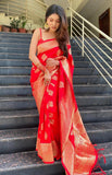 Flosive Womens Kanjivaram Silk Saree With Handloom Weaving Work With Blouse (Red R)