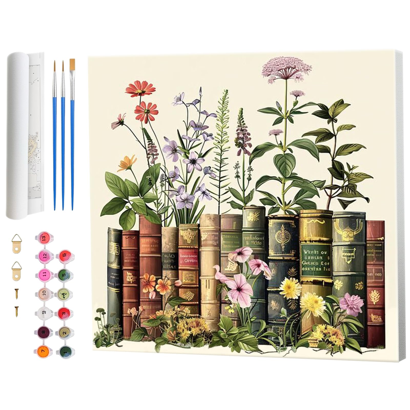 Amphol Paint by Numbers Kit for Adults, DIY Book Flowers Paint by Numbers Kit on Canvas with Brushes, Acrylic Paint, Painting by
