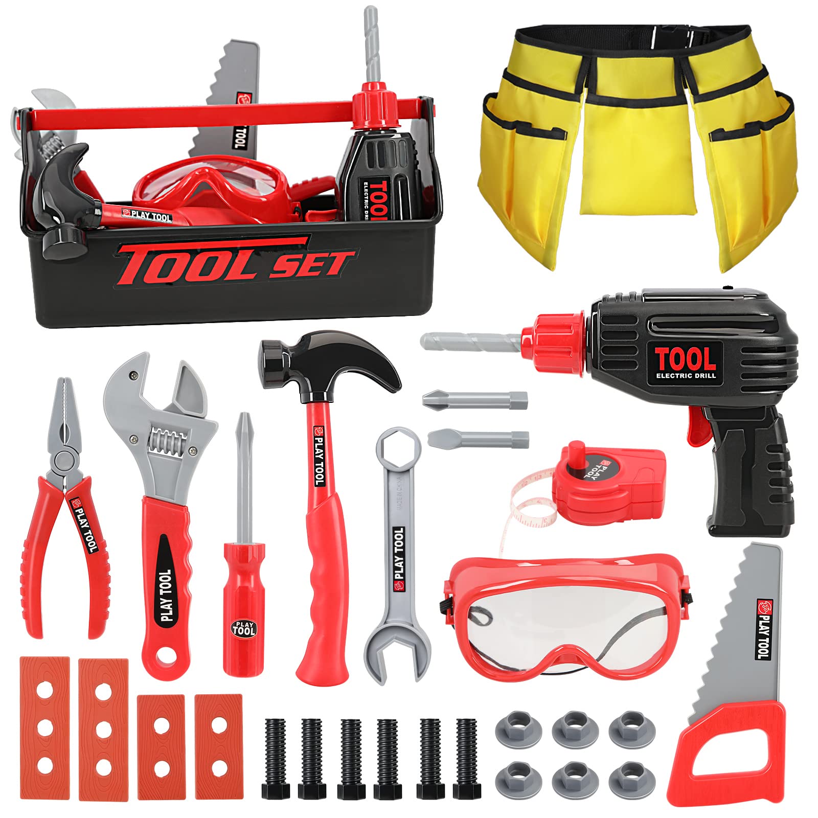 LOYO Kids Tool Set - Pretend Play Construction Toy with Tool Box Kids Tool Belt Electronic Toy Drill Construction Accessories Gi