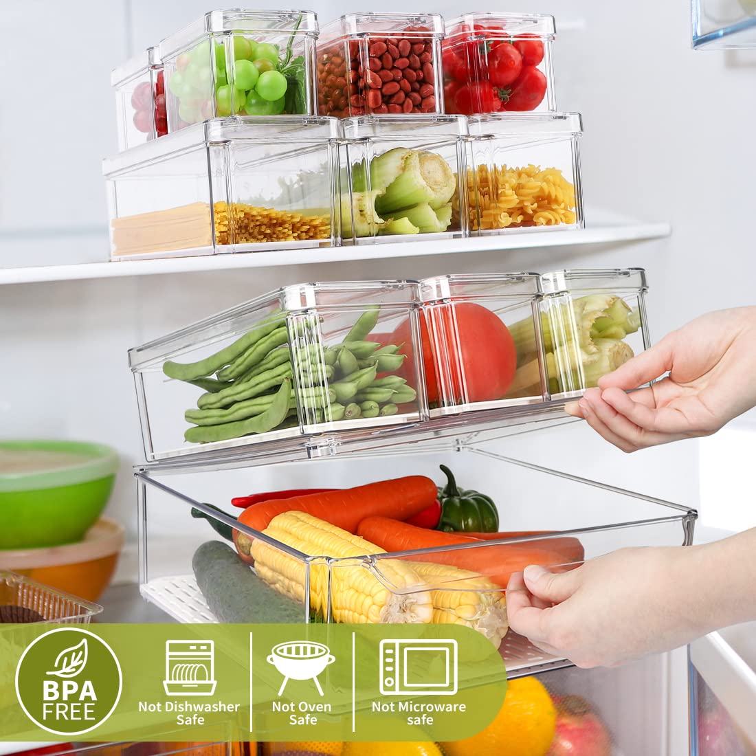 10 Pack Refrigerator Pantry Organizer Bins, Stackable Fridge Organizer Bins with Lids, Clear Plastic Food Storage Bins for Kitch