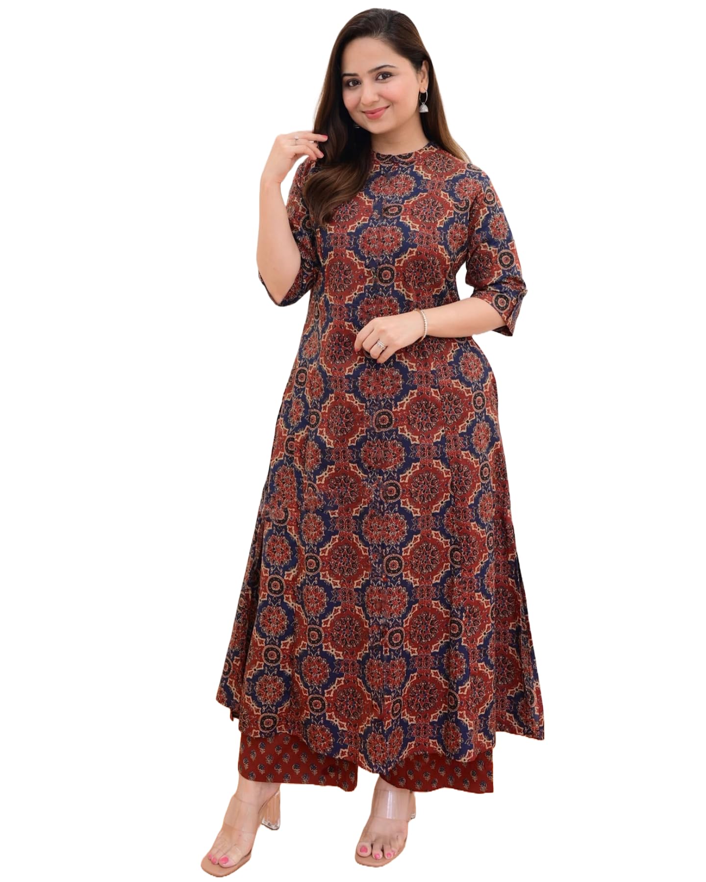 Gosriki Women'S Cotton Blend Straight Printed Kurta With Palazzo (Abp Maroon-Gs_Xxl_Wine_Xx-Large),Maroon,2,B0CNXT4S9H