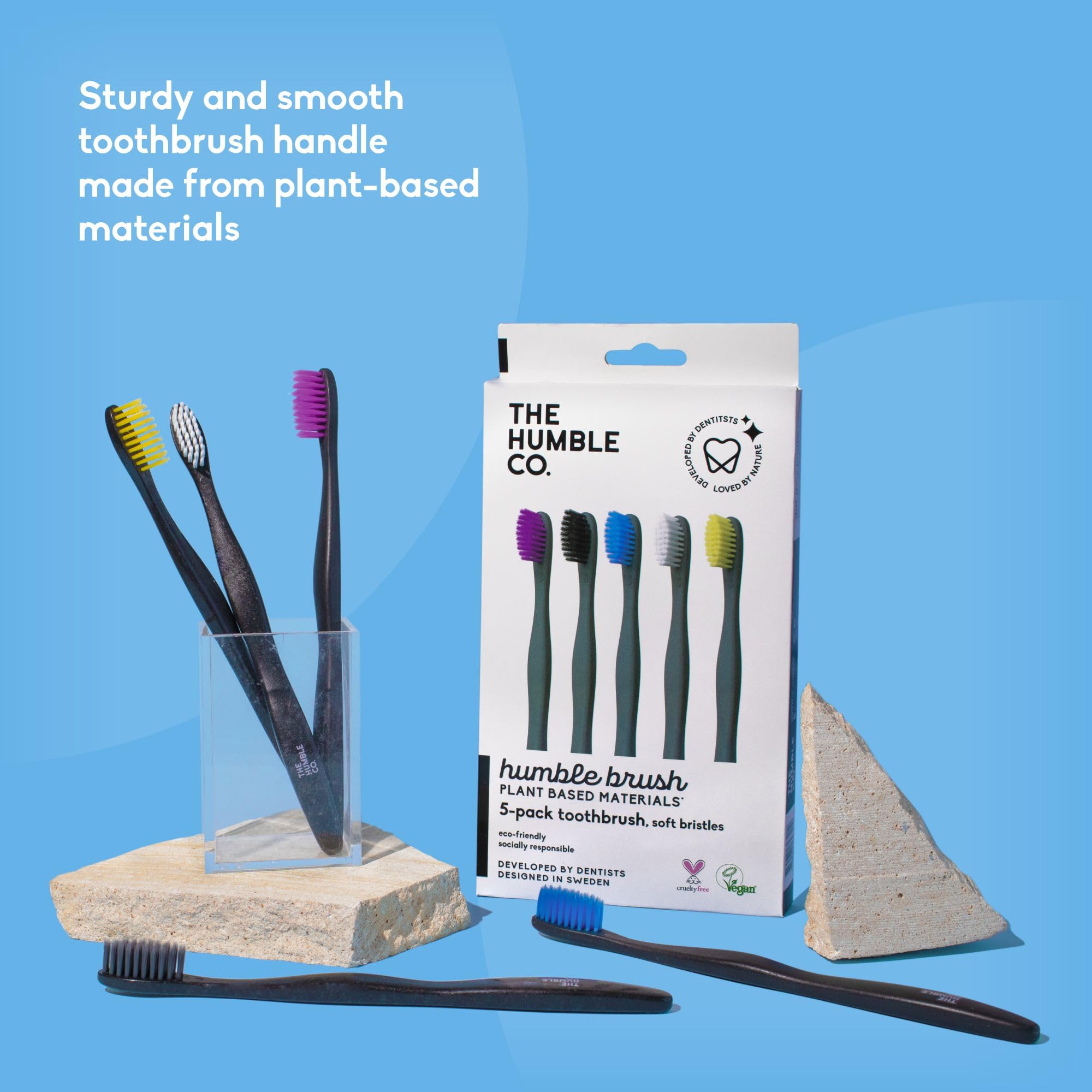 The Humble Co. Plant Based Black Toothbrush (5pk) - Vegan, Soft Toothbrush Set with BPA Free Bristles, Best Toothbrush for Super