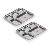 Sumeet Stainless Steel Rectangular 5 in 1 Compartment Lunch/Dinner Plate Set of 2Pcs, 33.5cm Dia, Silver