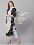 Anni Designer Women'S Cotton Blend Printed Straight Kurta With Pant & Dupatta (Umangi-Black_L_Black_Large),Black,L,Cotton Blend,Regular,Kurta, Scarf