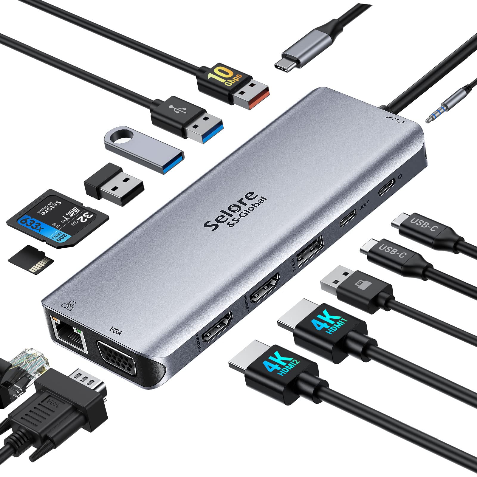 USB C Docking Station Dual Monitor,USB C Dual Monitor 2 HDMI Adapter,Triple Display 4K HDMI&VGA,10Gbps Data Transfer,14 in 1-3US